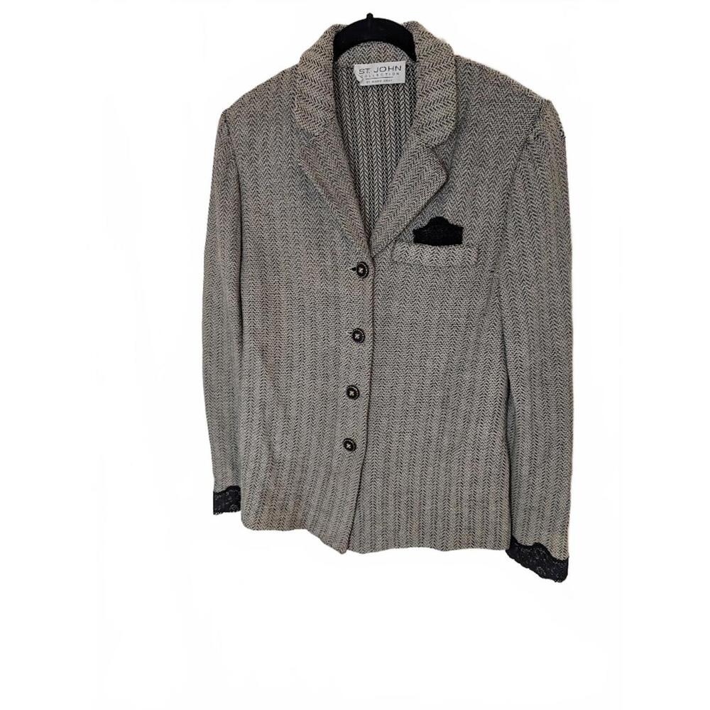 St. John Collection Knitwear Blazer Houndstooth Black White Lace Trim No Size